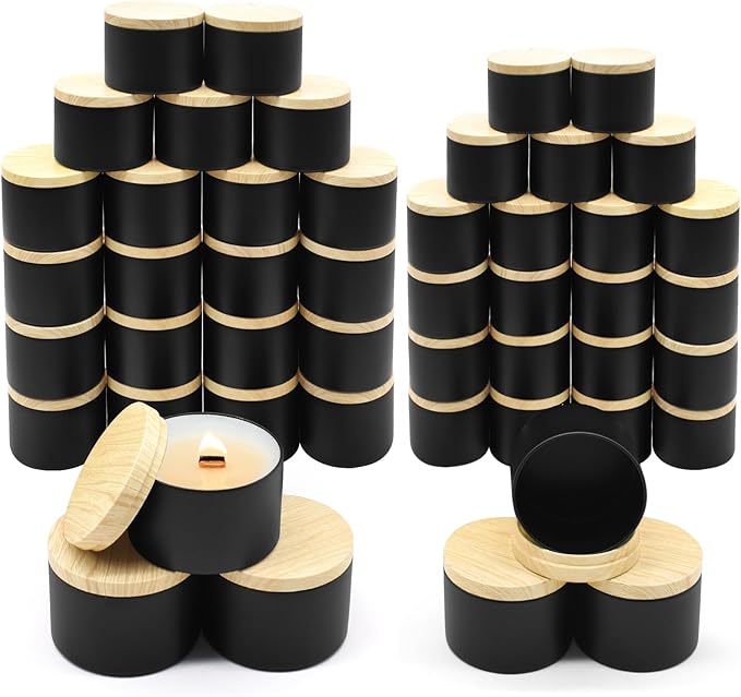 48-Pack Candle Jars, 24pcs 8oz + 24pcs 4oz Candle tins with Metal Wood-Grain Printing Lids, Empty Candle Jars for Making Candles Bulk Candle Containers-Black