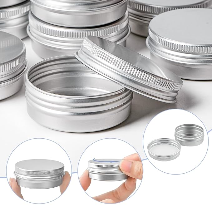 TUZAZO 48Pack 2 Oz Aluminum Tin Cans with Screw Lid and Labels, Refillable Travel Sized Cosmetic Containers Small Tins for Salves, Lotion Bars, Beard Balms, Candles