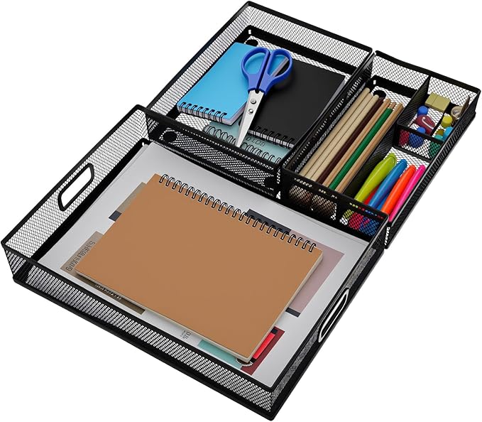 3 Pcs Office Drawer Organizer 3 Pack, Office Supplies Desk, Black Mesh Drawer Organizer Hold Pens & A4 Sized File, 12 x 9 Inches