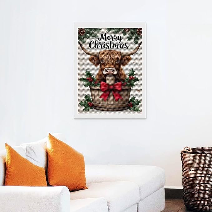 AIVKIEJK Diamond Painting Kits for Adults - Highland Cow Merry Christmas Painting DIY 5D Full Drill Diamond Dots Paintings with Diamonds Gem Art and Crafts Home Decor 12"x16"