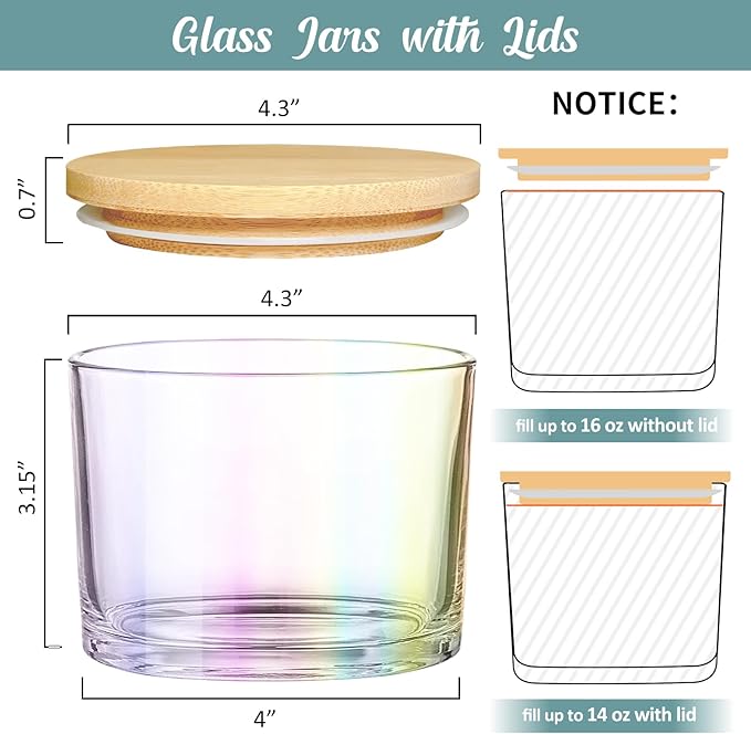SUPMIND 16oz 3 Wick Candle Jars 6 Pack - Large Empty Iridescent Wide Mouth Glass Candle Making Jars with Bamboo Lids and Stickers and Labels, Bulk Candle Containers for Making Candles