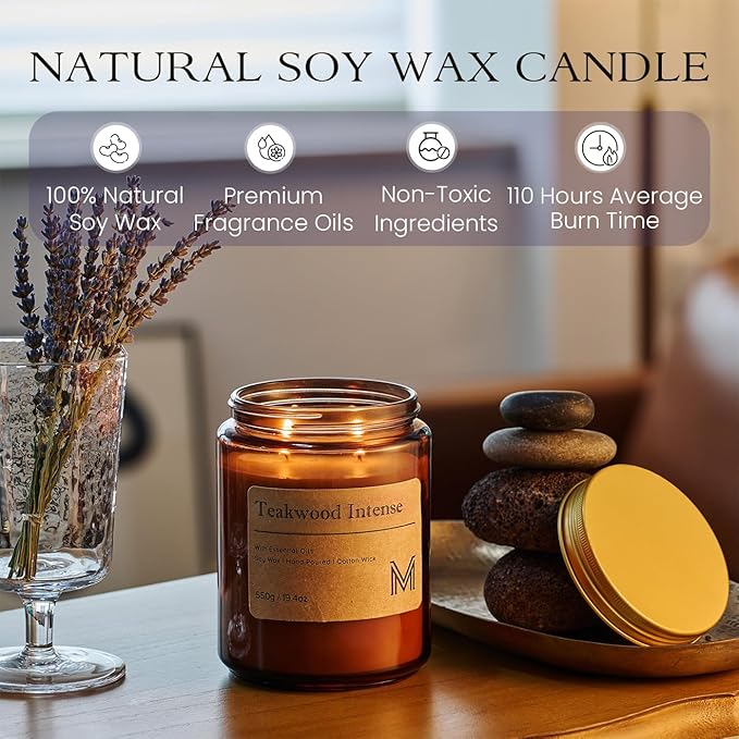 M&SENSE Teakwood Intense Scented Christmas Candle Gift | 19.4oz, 115-Hour Burn | Natural Organic Soy Wax | Long-Lasting for Stress Relief and Gifting | for Christmas, Thanksgiving, Holiday