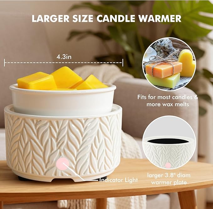 EQUSUPRO Wax Melts Warmer Candle Warmer - Wax Melt Warmer for Scented Wax 4-in-1 Ceramic Wax Burner Electric Fragrance Wax Melter for Home Office Gift & Decor (Large Size Leaf)