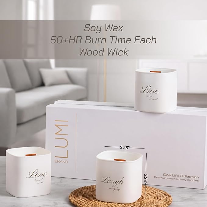 Set of 3 Premium Scented Soy Candles Gift Set | One Life Collection - Orange Blossom, White Tea & White Bloom | Crackling Wood Wick | Luxury Candle Set for Relaxation, Home Décor & Gifts | 9.8oz Each