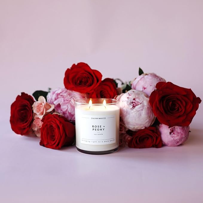 Calyan Wax Co. Rose & Peony 2 Wick Scented Candle - 37 Hour Burn - Luxury Non Toxic Soy Wax Candles - Long Lasting Large Glass Jar Candle for Home - 8.8oz