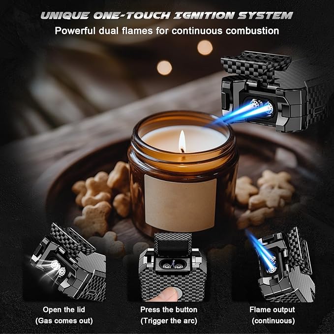 5-in-1 Torch Lighter with Cutter, Punch, Holder, and Draw Enhancer Tool, Adjustable Dual Jet Flames, Trendy Gift for Men, Refillable Butane Lighter, Rechargeable Lighters for Candle, Travel Outdoors