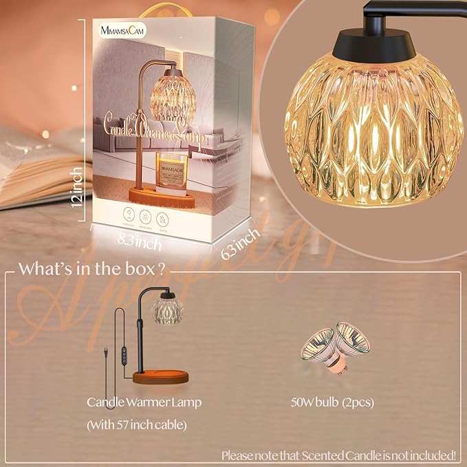Candle Warmer, Candle Warmer Lamp with Timer/Dimmer,Wax Melt Warmer for Bedroom décor, Gift for Mom, Height Adjustable to Fit Large Yankee Candle Jars, 2X 50W Bulbs