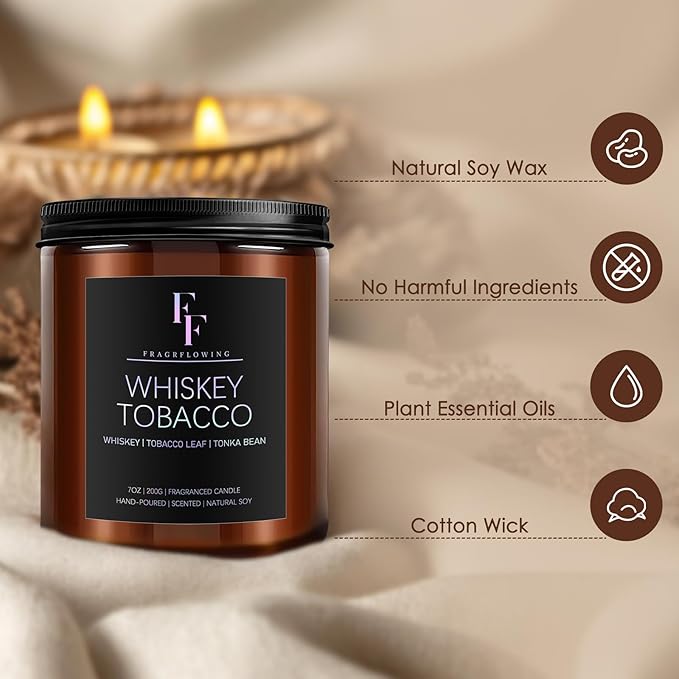 Whiskey Tobacco Scented Candle for Home Soy Wax Candle, Aromatherapy Candle Gift, 7oz