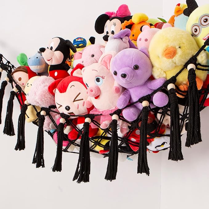 YKBU Stuffed Animal Toy Hammock Hanging- Macrame Toy Hammock with Tassels-Stuff Animals Organizer Storage Boho Large Corner Plush Toys Net Holder for Nursery, Play Room, Kids Bedroom (Black)