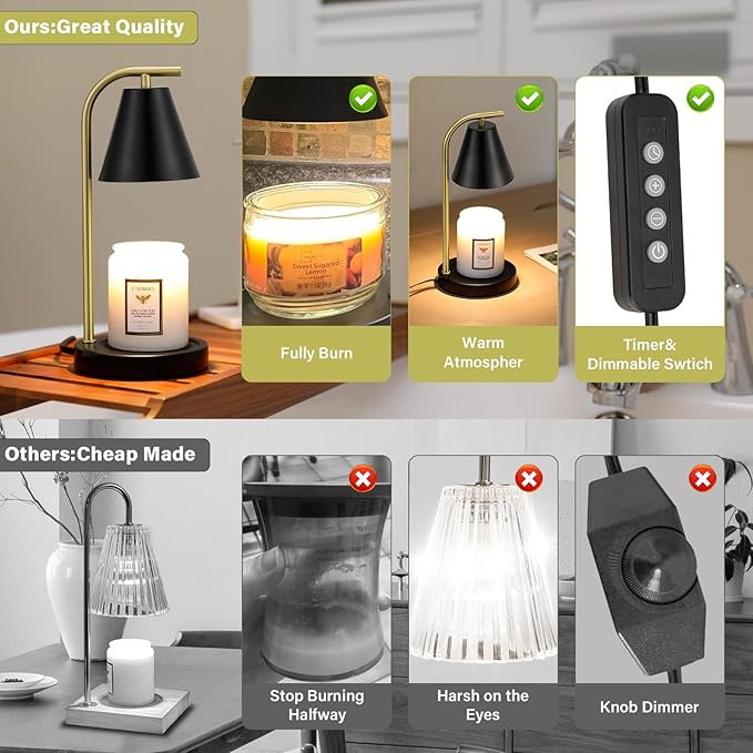Black and Gold Candle Warmer, Candle Warmer Lamp with Timer，Electric Candle Lamp Warmer for Scented Wax with 2 Bulbs，House Warming Gifts New Home&Gifts for Women, Candle Lamp for Jar Candles