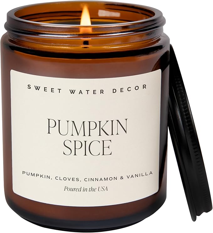 Sweet Water Decor Pumpkin Spice Candle - Fall Candles with Pumpkin, Clover, Cinnamon & Vanilla Scent for Home - Autumn Candle with 40 Hours Burn Time - 9Oz Black Lid Amber Jar Pumpkin Soy Candles