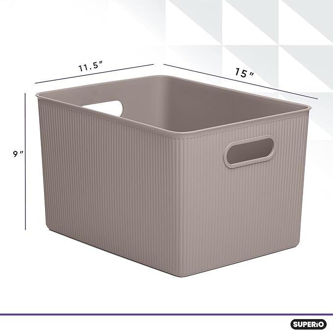 Superio Ribbed Collection - Decorative Plastic Basket Open Home Storage Bins Organizer, X-Large Taupe (1 Pack) Container Boxes for Organizing Closet Storage Bins for Shelves 22 Liter/23 Quart