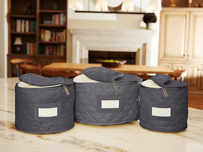 Covermates Keepsakes Dish Storage Set – Padded China & Dinnerware Storage Cases with Dividers, Cup & Stemware Storage, Quilted Polyester Protection, ID Window, Slate