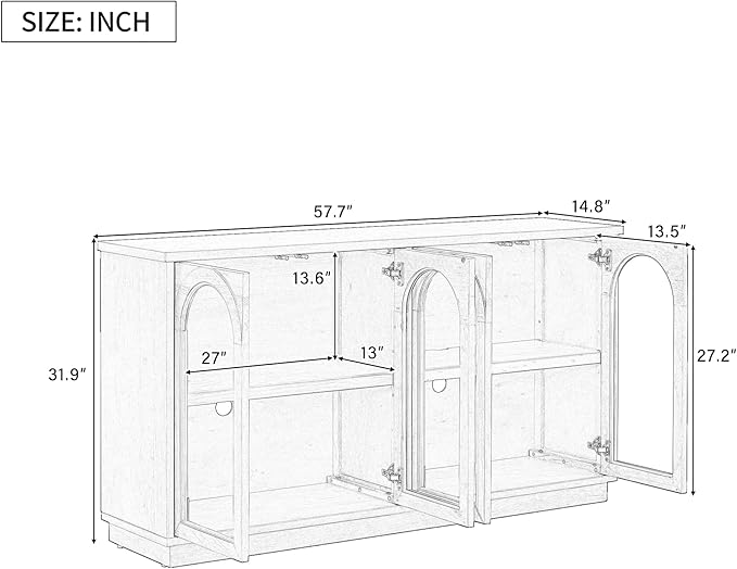 Amposei 57.7-Inch Vintage Sideboard Cabinet 4 Glass Door Storage Cabinet Buffet Console Table with Adjustable Shelves for Kitchen Entryway Dining Living Room, Navy