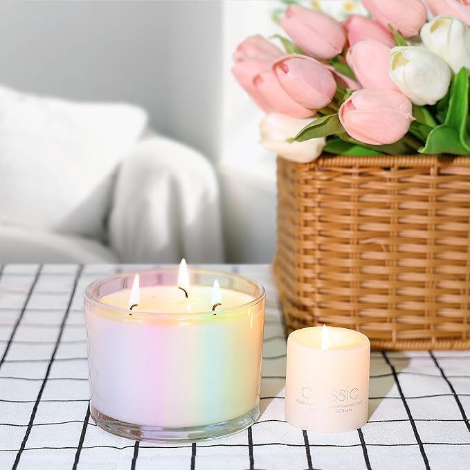 SUPMIND 16oz 3 Wick Candle Jars 6 Pack - Large Empty Iridescent Wide Mouth Glass Candle Making Jars with Bamboo Lids and Stickers and Labels, Bulk Candle Containers for Making Candles