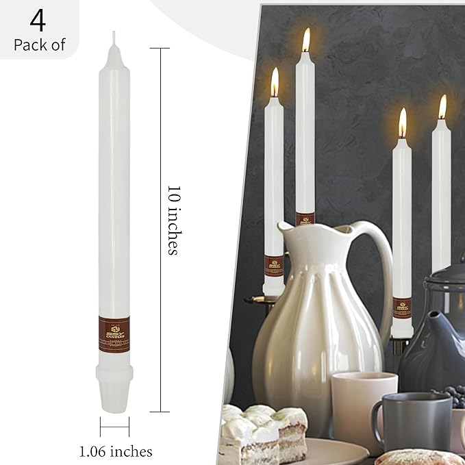 White Taper Candlesticks - Unscented Dinner Candles, 10 Inch Long, 4 PCS Smokeless, Perfect for Christmas & Home Decor