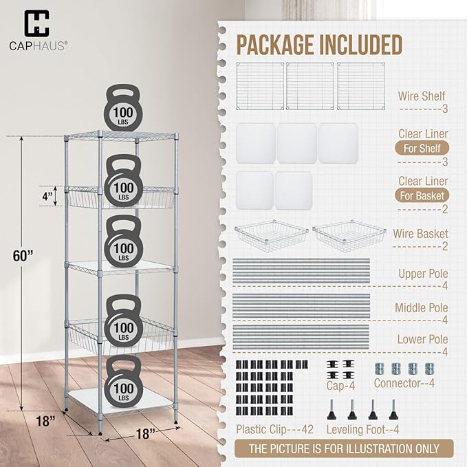 Fencer Wire NSF 5 Tier Wire Shelving Unit w/Baskets & Liner, Storage Rack Kitchen, Bathroom, Laundry Closet, Wire Shelving Basket Shelves, Storage Rack Corner Shelves, Silver Grey