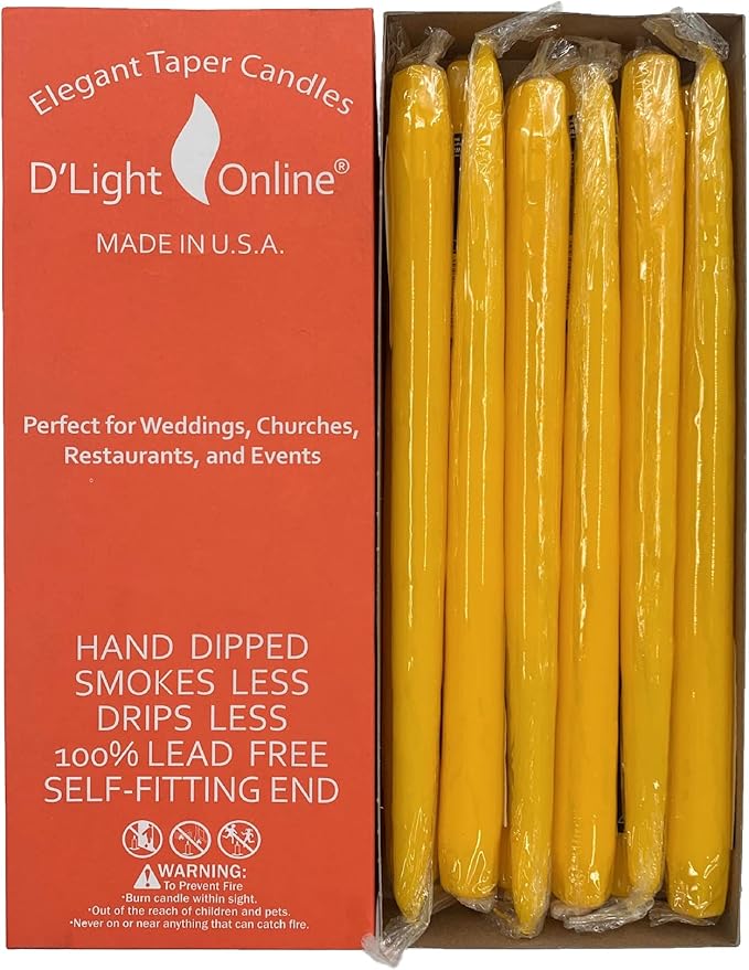 D'light Online Elegant 10" Unscented Daffodil Yellow Taper Candles, Premium Quality Hand-Dipped Tapered Candles, Dripless and Smokeless - Set of 12 Individually Wrapped (10 Inch, Daffodil)