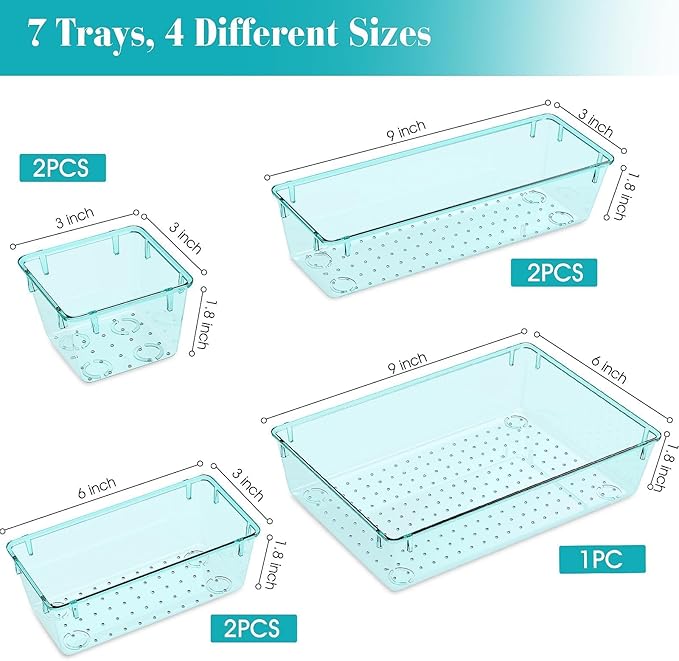 StorMiracle 7 PCS Clear Plastic Drawer Organizers Set, 4 Size Desk Drawer Organizer Trays for Makeup, Jewelry, Kitchen Utensils, Gadgets and Office Accessories, Sea Blue