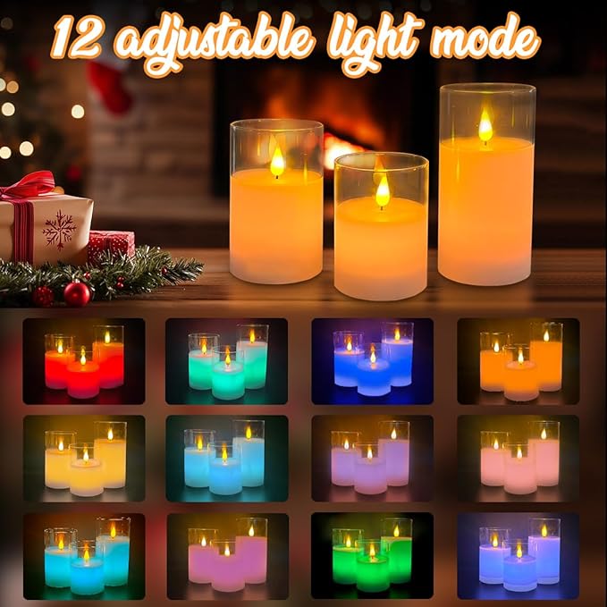 Rechargeable RGB Flameless Candles, Clear Glass LED Pillar Candle with Remote & Timer, Set of 3 — Color-Changing Decorative Candles for Living Room, Bedroom, Holiday Décor & Gifts for Women