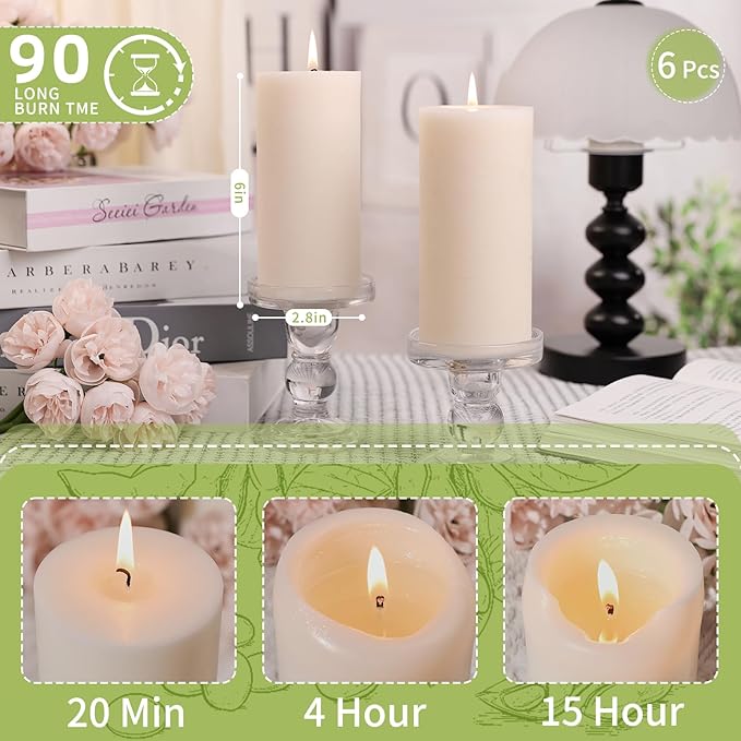 6 Pack Soy White Pillar Candles,Natural Soybean Pillar Candles,540 H Long Lasting Burning-Unscented,Dripless and Smokeless Rustic White Hand-Poured Candles Dinner Table,for Wedding,Home Decor 2.8x6in