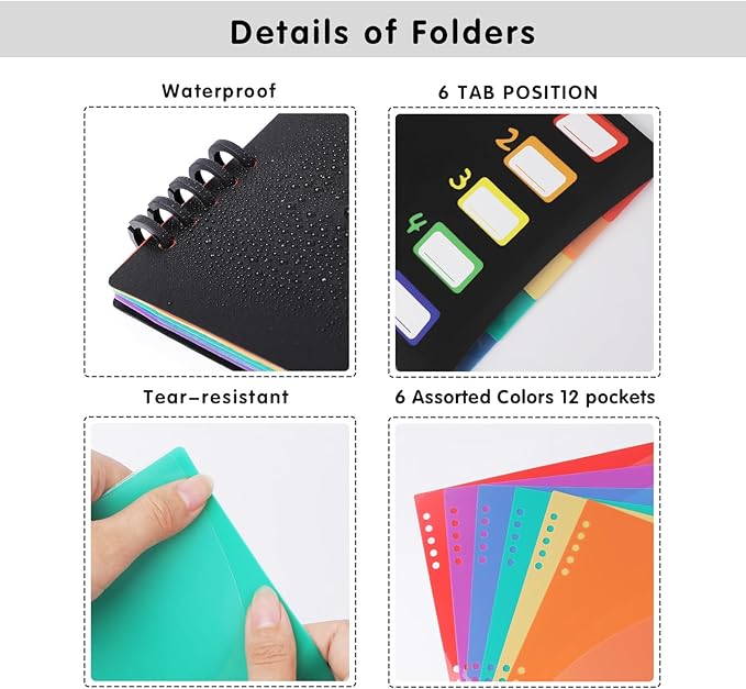 Edufun 12-Pocket Expanding File Folder with Removable Pages, 6 Numbered Tabs, Colorful A4 Organizer for Office and School