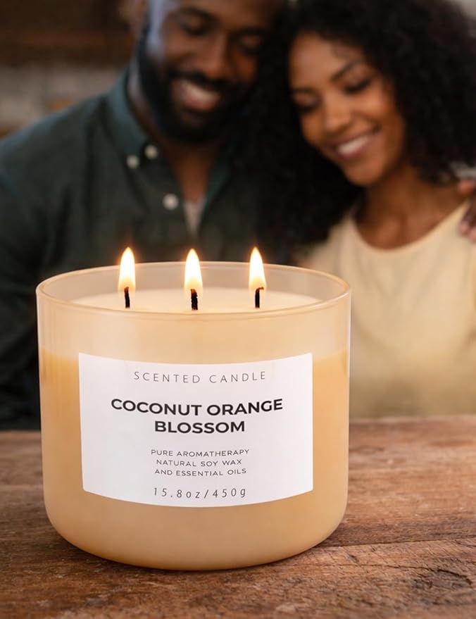 Coconut Orange Blossom Scented Candle - Large 3-Wick Aromatherapy Soy Candle, 15.8 oz - Highly Scented, Clean Burning, Long Lasting Home Fragrance Gift for Women & Men