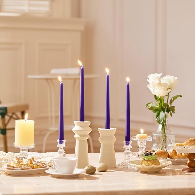 12-Inch Tall Dripless Taper Candles Set of 4 - Purple Tapered Candles, Perfect for Halloween - Smokeless, Unscented, Long Burning - Hand Poured, Colored Tall Candlesticks - Light Purple