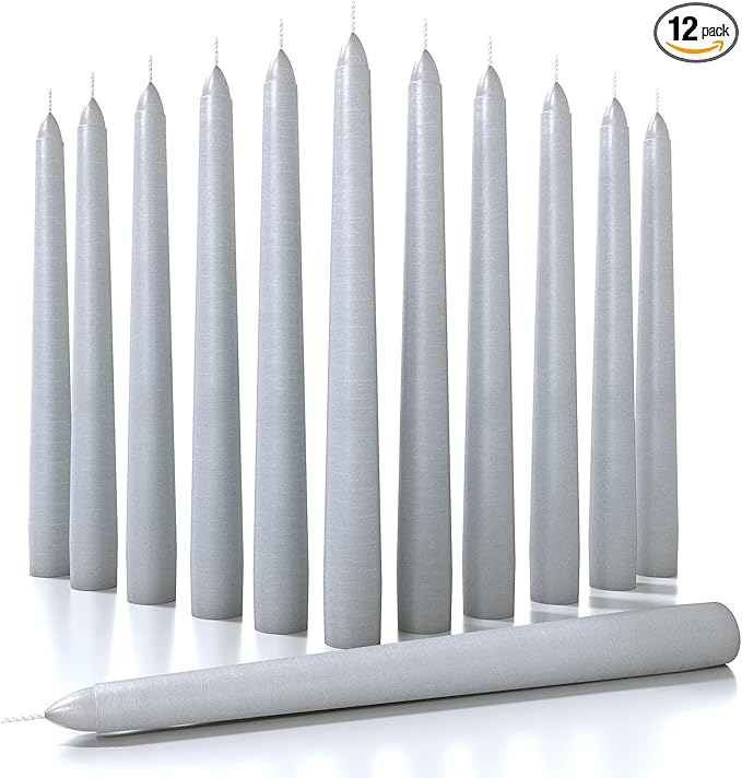 CANDWAX 8 inch Taper Candles - Set of 12 Dripless Tall Long Burning Dinner Party Wedding Decor - Light Gray
