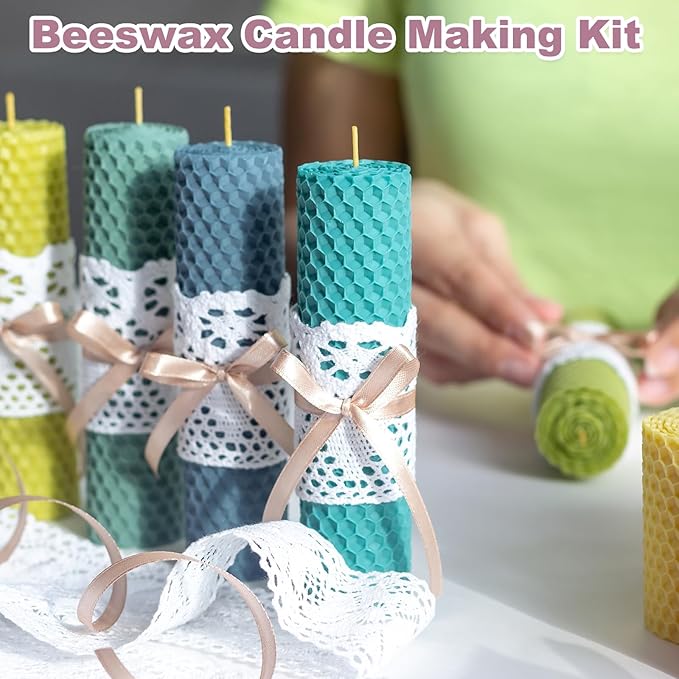 MECCANIXITY Beeswax Candle Making Kit,8x8 Inch 10pcs Dark Green Beeswax Candle Sheets with 1pcs Cotton Wick for DIY Craft Gift Making