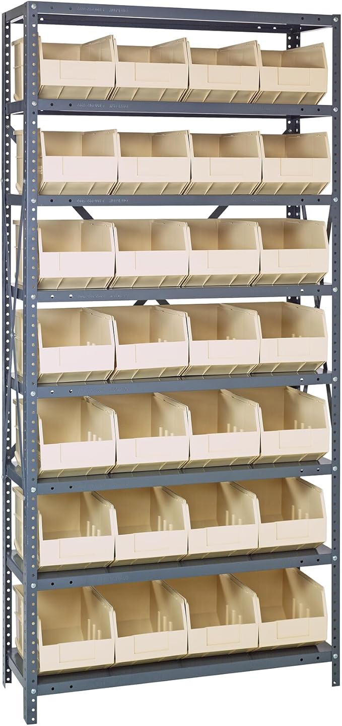 Quantum Storage Systems 1275-423IV Solid Heavy Duty 8 Shelves 28 Stackable Shelf Bins Ivory Bins 75" H x 36" W x 12" D