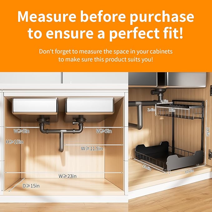 PureBox Under Sink Organizer, 2-Tier L-Shaped Pull Out Cabinet Shelf with 2 Installation Methods, Adjustable Sliding Storage Drawer for Kitchen, Bathroom, Laundry, Metal, Black, 2-Pack