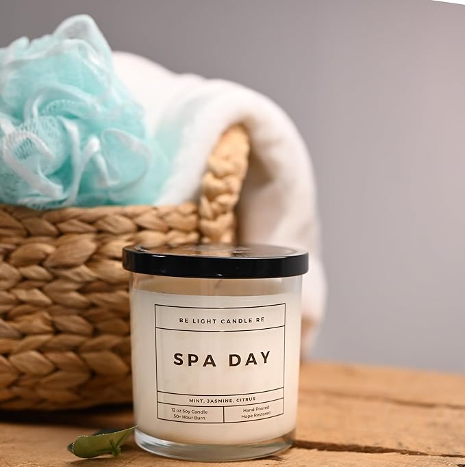 Stress Relief Candle | Purpose-Driven Soy Scented | Fragrance for Home | 8oz Long Lasting Scent | Non-Toxic | Aromatherapy | Gifts for Women | Be Light Candle RE (Spa Day)