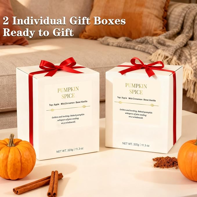 Candle Gift Set –2 Pack Wood Wick Pumpkin Spice Scented Candles,22.6 oz Natural Soy Wax Candles with Gift Box,Long Lasting Autumn Candles for Home Decor,Gifts for Women