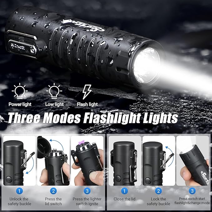 Scotte Plasma Windproof arc Lighter Electric Lighter and LED Flashlight - 2 in 1 (Black)/5-in-1 Magnesium Fire Starter for Emergency Survival Kits, Camping, Hiking, All-Weather Magnesium Ferro Rod