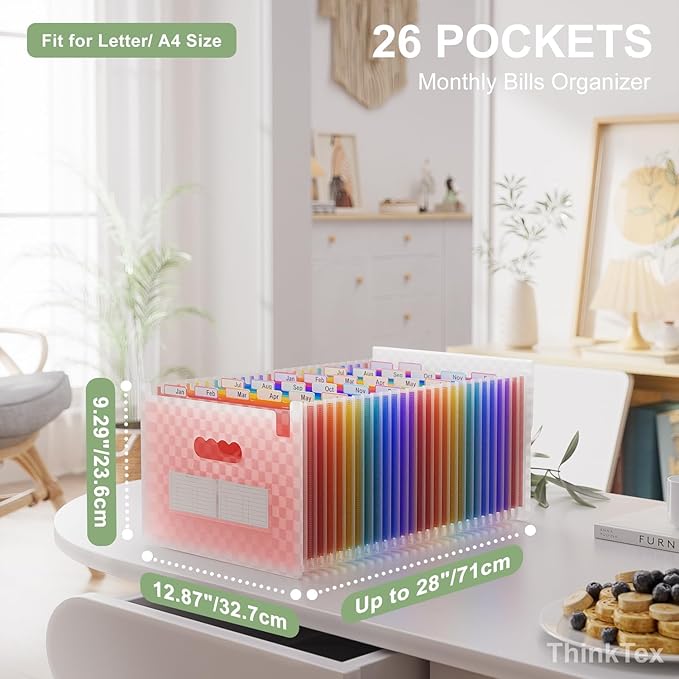 ThinkTex Accordion File Organizer, 26 Pockets Expanding File Folders, Monthly Bill Receipt Documents Organizer, A-Z Colorful Tabs, Letter/A4 Size - Pink