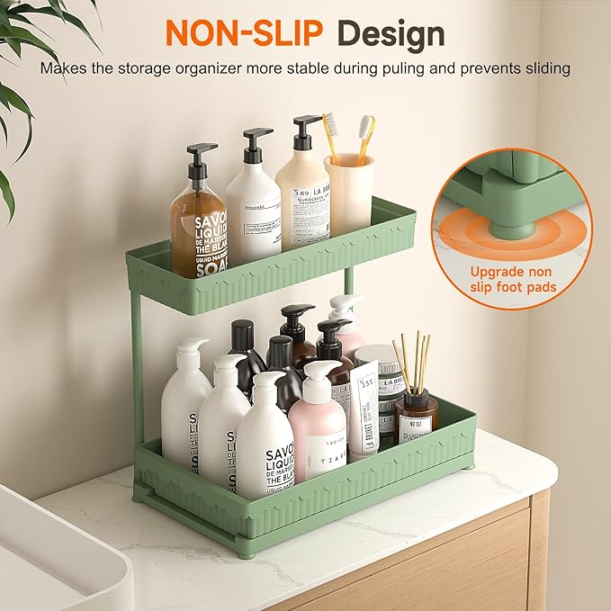 3 Pack Multi-Purpose Under Sink Organizers and Storage, 2026 L-Shaped Pull Out Cabinet Organizer for Bathroom & Kitchen, Under Cabinet Organizer with Hooks Hanging Cup (Green, 12.85 inch)