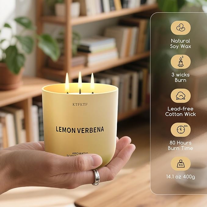 Lemon Verbena Scented Candle for Home, 14.2oz 80H Long Lasting Aromatherapy Candles for Energy & Focus, Non-Toxic Essential Oil & Soy Wax | Citrus & Herbal Freshness
