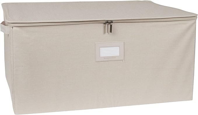 Covermates Keepsakes Zip-Top Storage Box Set, 3 Pack Heavy Duty Polyester Organizer Bins, Stackable Design, ID Window, Reinforced Handles, Closet Home Storage, Beige Heather