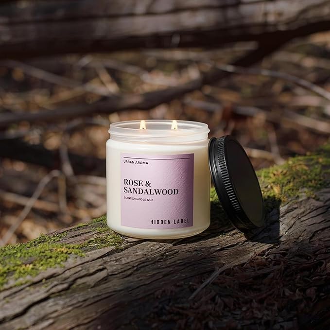 Hidden Label Rose Sandalwood Scented Candle, 12oz 2 Wick Natural Soy Non Toxic Candles, Clean Burning Long Lasting Aromatherapy for Home | Gifts | Décor,Premium Scents for Relaxation & Stress Relief