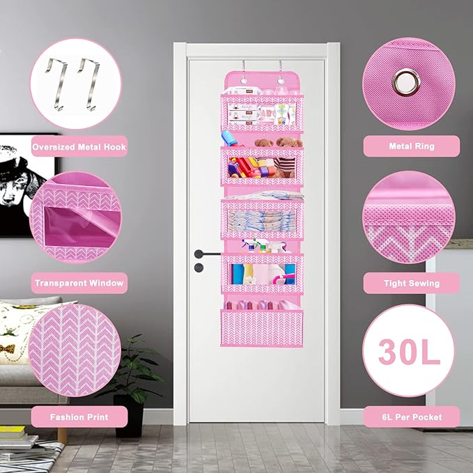 VERONLY Over The Door Hanging Organizer with 5 Large Pockets - Wall Mount Pantry Storage with 2 Big Metal Hooks for Baby Girl’s Diapers Closet, Bathroom, Nursery, Bedroom, Dorm, Baby, Kids Toys (Pink)
