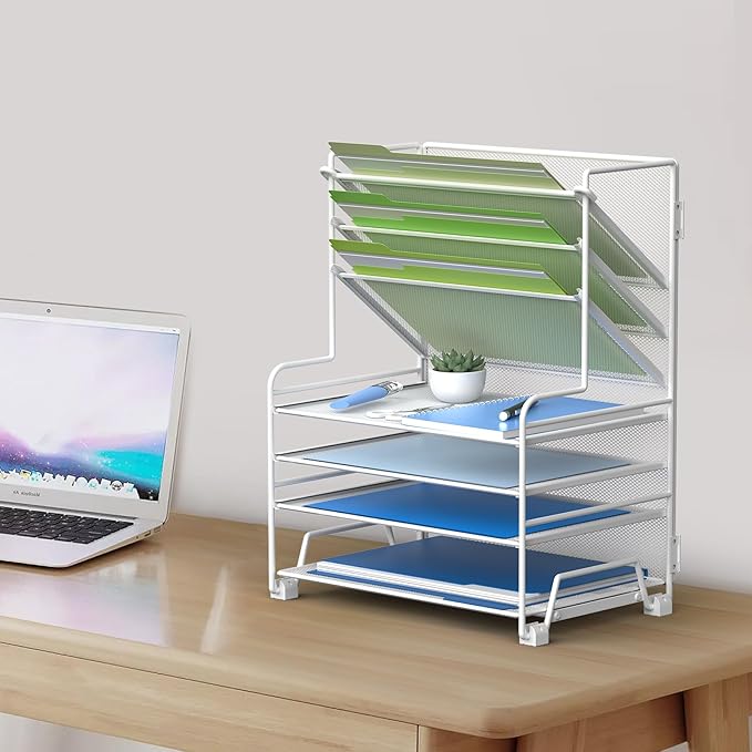 MINDEPOT 4-Tier Paper Organizer + 3-Pocket File Holder + Drawer + Pen Holders, Desktop File Organizers Paper Tray for Office Supplies School Classroom Organization (White, no Drawer & Pen Holder)