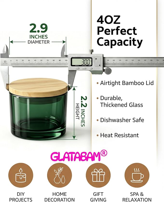 GLATABAM 4 OZ Candle Jars 12 Pack - Bulk Glass Candle Making Jars with Bamboo Lids & Labels, Heat Resistant Empty Reusable Candle Vessel for Containers(Green)