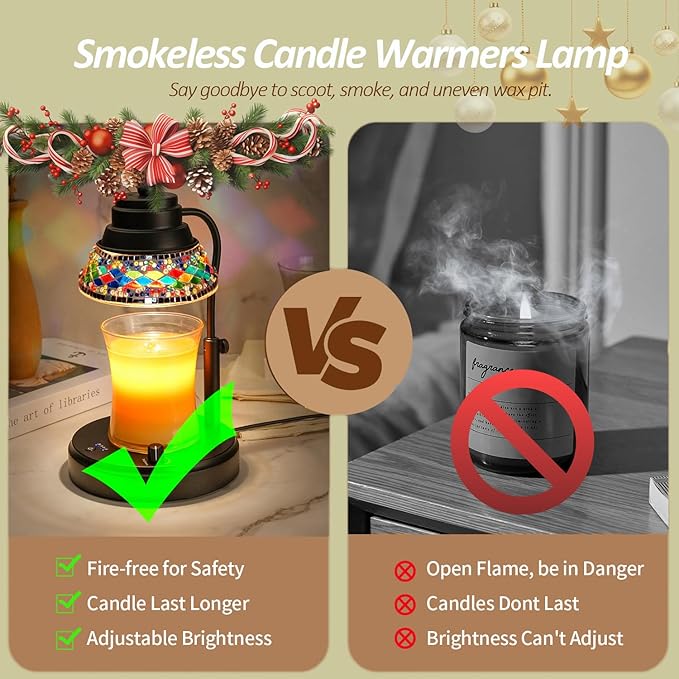 Electric Candle Warmer Lamp with Colorful Diamond Lampshade, Stained Glass Wax Melting Lamp with Timer and Dimmer, Adjustable Candle Warmer Light Home Decor (Black)