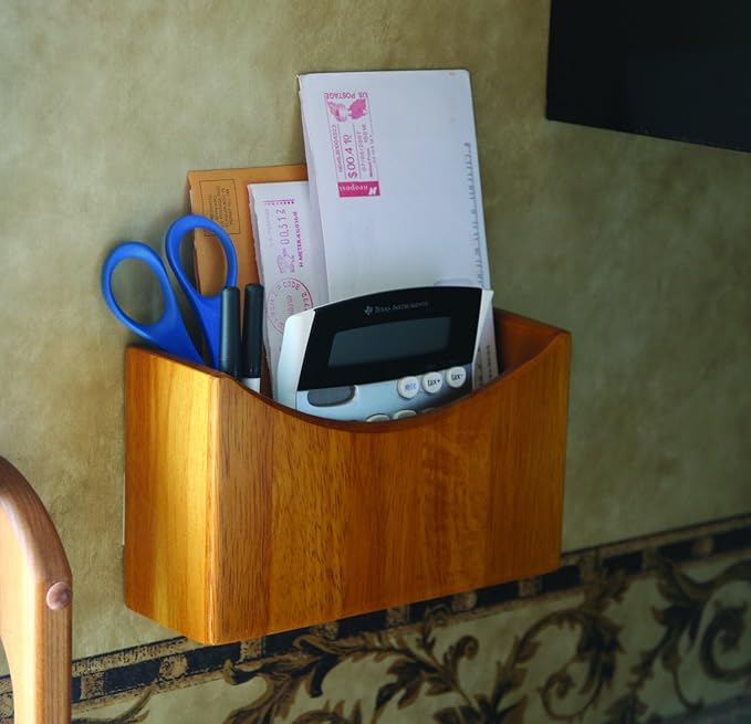 Camco Oak Accents Wall Organizer- Mountable Organizer Stores Tablets, Magazines, Books, Headphones and More, Easy Set Up - Oak Wood Finish (43483)