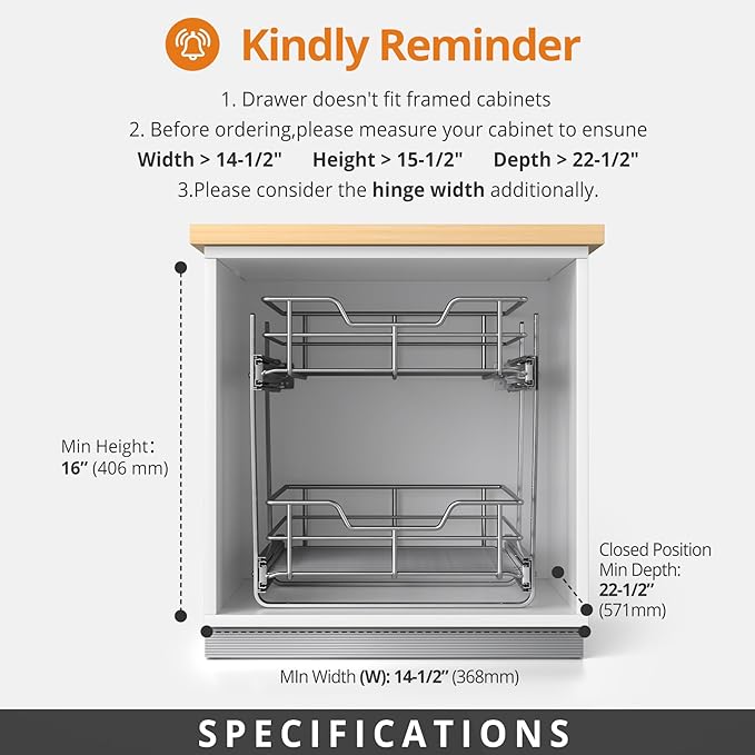 ZOINLIY Pull Out Cabinet Organizer, Versatile Slide Out Kitchen Organizers and Storage,Heavy Duty Drawer Cupboard Storage Basket, Smooth Sliding, Chrome Finish (2-Tiers-14¼''W×22“D)