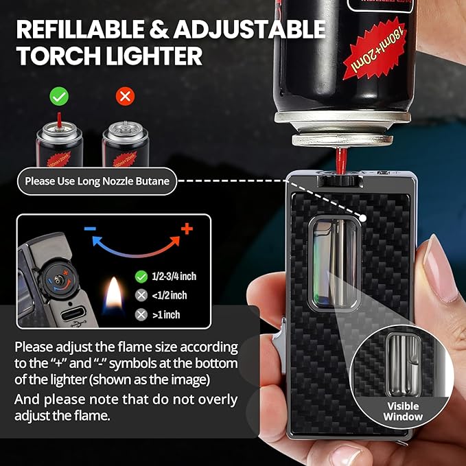 CHOICEDC Cool Lighters for Men, Refillable Soft Flame Butane Lighter, Vintage Lighters with Unique Shake Ignition, Visible Gas Tank, Adjustable Wide Flat Flame Lighter, Gifts for Men Women, No Fuel