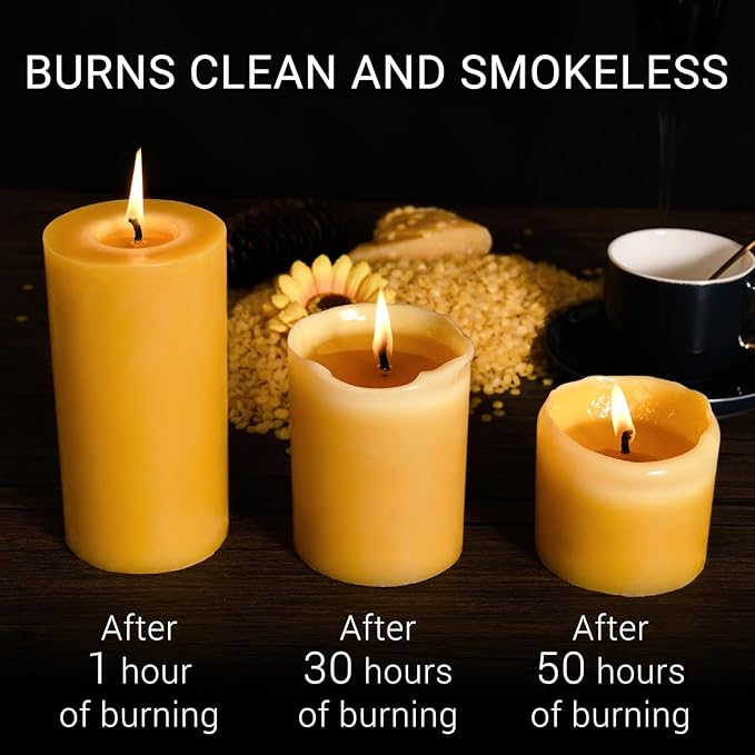 100% Pure Natural Beeswax Pillar Candles-170 Hours Long Burning Time Emergency Beeswax Candles | Organic Bees Wax for Home, Prayer, Christmas, Party | Unscented, Smokeless, Dripless 2 Pack (3×6 inch)