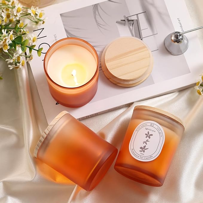 REISEN 12Pcs Gradient Orange Candle Jars for Making Candles, 10oz Glass Jars with Bamboo Lids, Candle Wick Kit and Sticky Warning Labels, Candle Containers Vessels for DIY Gifts