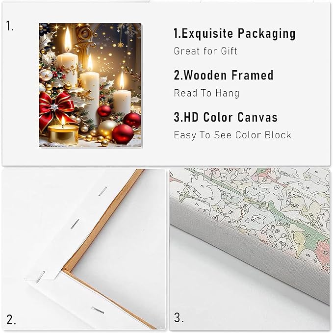 VIGEGU Christmas Candle Paint by Numbers Kit for Adults with Framed,Paint by Number DIY Acrylic Adult Paint by Number Kits for Wall Decor 10x12in